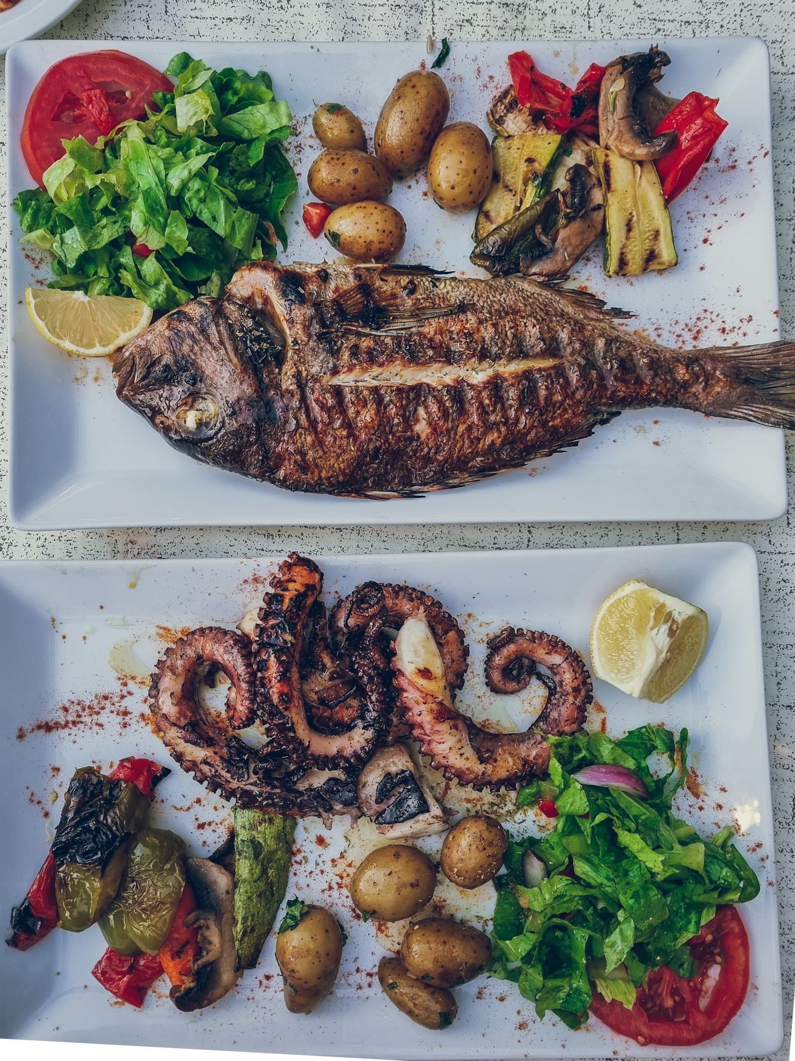 Whole grilled fish and octopus served on white platters